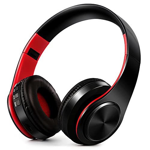 Bluetoothヘッドホン ワイヤレス ヘッドフォン 重低音 折りたたみ式 ケーブル着脱式マイク付き (赤+黒)