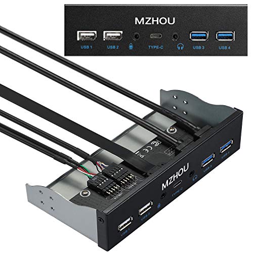 MZHOU USB2.0 + 3.0メタルフロント、5.25インチ19ピンフロントパネルアダプター、4つのUSB 3.0ポートハブ、(1HDオーディオポート/ 1TPY-C