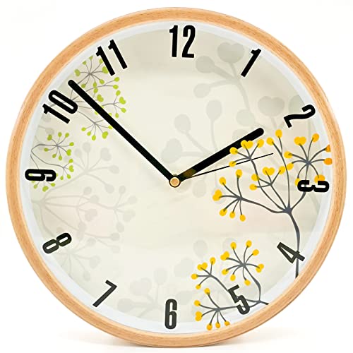 掛け時計 シンプル 北欧 ミュート 自然 木製壁掛け時計 丸い ガラスミラー 連続秒針 かわいい小さな花 大きなフォント 見やすい 室内装飾