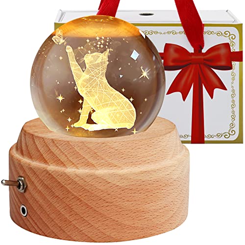 【YIBAIKE ギフトボックス】オルゴール 誕生日プレゼント 猫 クリスタル ボール 間接照明 LEDライト USB充電式 投影機能 木製土台 ベッ