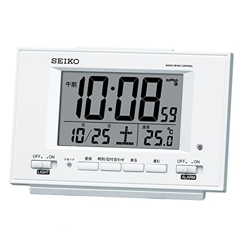 セイコー クロック 目覚まし時計 自動点灯 電波 デジタル カレンダー 温度 表示 夜でも見える 白 パール SQ778W SEIKO