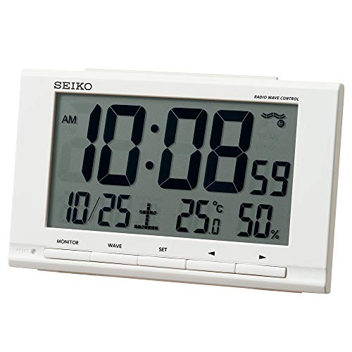 セイコークロック(Seiko Clock) 置き時計 白 本体サイズ:9.1×14.8×4.7cm 目覚まし時計 電波 デジタル カレンダー 温度 湿度 表示 SQ789