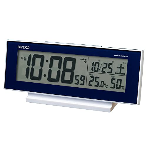 セイコー クロック 目覚まし時計 常時点灯 電波 デジタル カレンダー 温度 湿度 表示 夜でも見える 濃青 メタリック SQ762L SEIKO