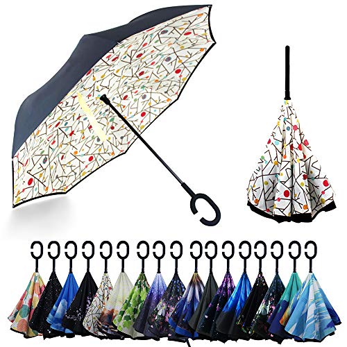 YOKITOMO 長傘 レディース 逆さ傘 丈夫 撥水 内外２枚の布の構成で耐風とUVカット効果更にアップ！ 閉じると自立可能 晴雨兼用 車用 (キ